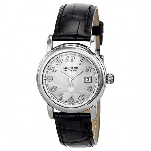 Montblanc Star Automatic Silver Guilloche Black Leather Ladies Watch 38026 watches