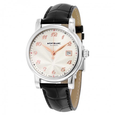 Montblanc Star Automatic Silver Guilloche Dial Black Leather Unisex Watch 113849 watches