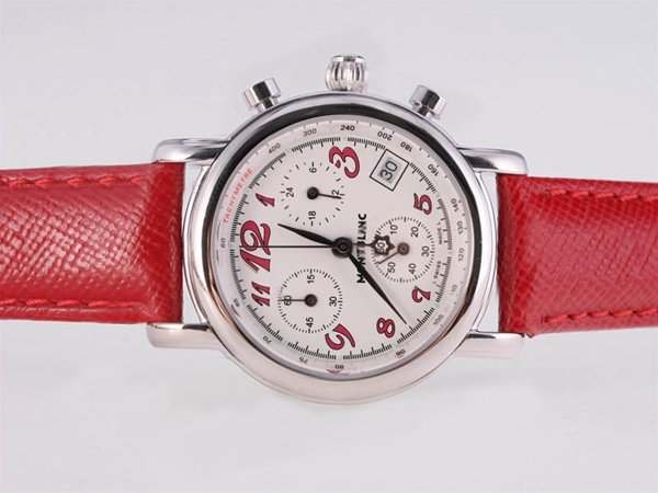 Montblanc Star Chronograph 07253 Midsize Red Cow Leather Strap Stainless Steel Bezel Watch watches