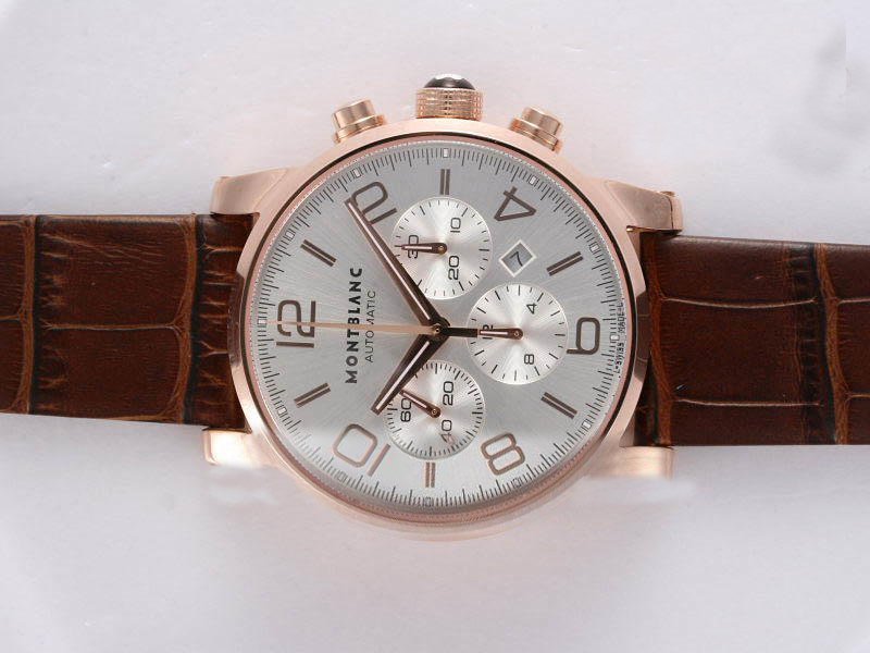 Montblanc Timewalker Chronograph 09671 White Dial Round Brown Crocodile Leather Strap Watch watches