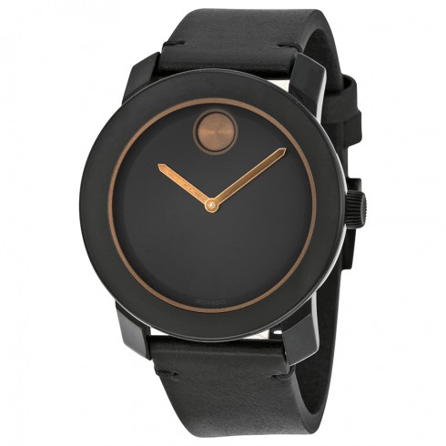 Movado Bold Black Dial Black Leather Band Black Stainless Steel Case Men's Quartz Watch 3600297 watches
