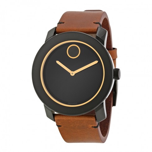 Movado Bold Black Dial Orange-toned Hands Brown Leather Band Men's Quartz Watch 3600274 watches