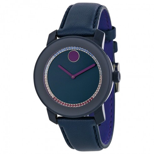 Movado Bold Blue Crystal-set Dial Navy Leather Ladies Watch 3600228 watches