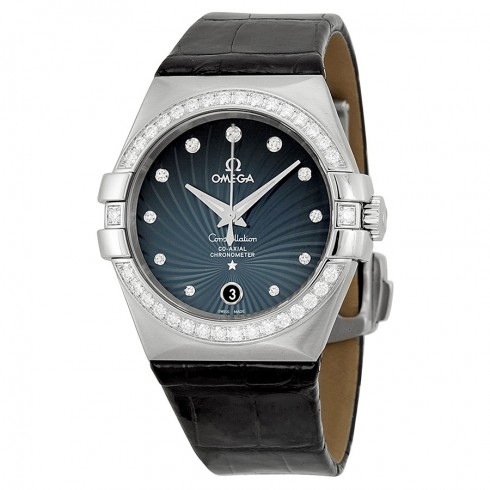 Omega Constellation Blue Diamond Dial Black Leather Men's Watch 12318352056001 watches