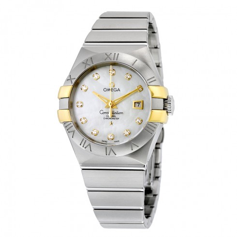 Omega Constellation White Mother of Pearl Diamond Steel and 18K Yellow Gold Ladies Watch 123.20.31.20.55.004 watches
