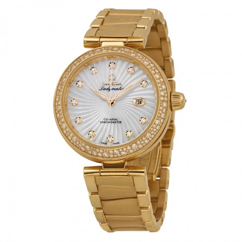 Omega De Ville Ladymatic Mother of Pearl Dial 18K Yellow Gold Diamond Ladies Watch 42565342055002 watches