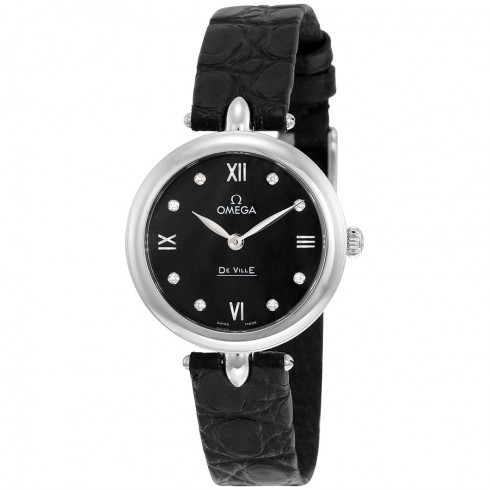 Omega De Ville Prestige Black Diamond Dial Leather Strap Ladies Watch 424.13.27.60.51.001 watches