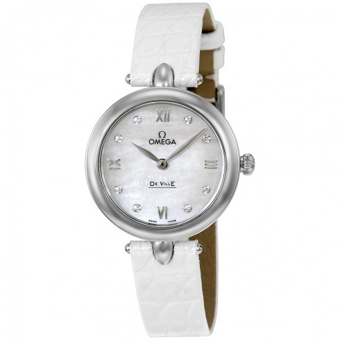 Omega De Ville Prestige Mother of Pearl Diamond Dial Leather Strap Ladies Watch 424.13.27.60.55.001 watches