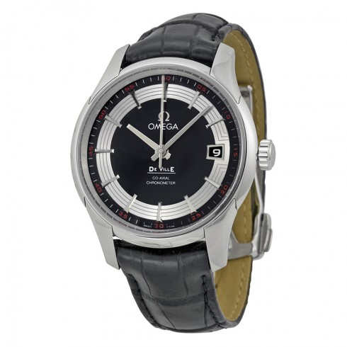 Omega Deville Hour Vision Black and Silver Dial Black Leather Men's Watch 43133412101001 watches