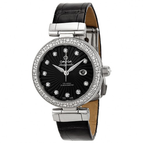 Omega DeVille Ladymatic Black Diamond Dial Stainless Steel Black Leather Ladies Watch 425.38.34.20.51.001 watches