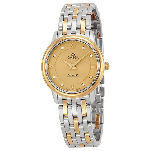 Omega DeVille Prestige Champagne Diamond Dial Steel and Yellow Gold Ladies Watch 42420276058001 watches