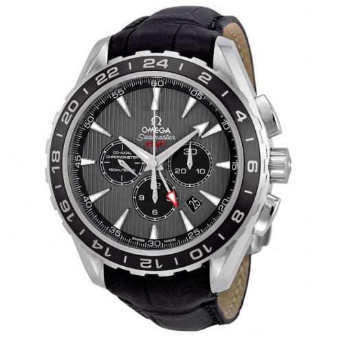 Omega Seamaster Teak Grey Dial GMT Chronograph Black Leather Men's Watch 231.13.44.52.06.001 watches