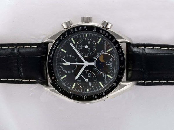 Omega Speedmaster Moon Phase 3576.50.00 Black Dial Round Black Crocodile Leather Strap Watch watches