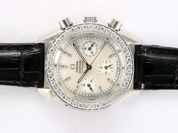 Omega Speedmaster Reduced 3815.70.36 Diamond Bezel Black Cow Leather Strap White Dial Watch watches