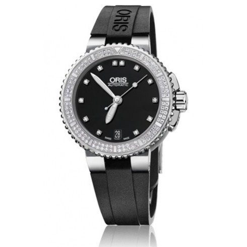 Oris Aquis Date Diamond Black Dial Black Rubber Ladies Watch 01 733 7652 4994-07 4 18 34 watches