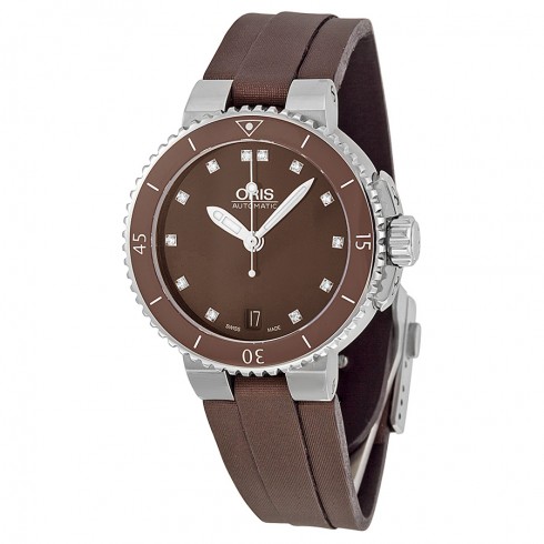 Oris Aquis Date Diamonds Brown Dial Brown Textile Ladies Watch 01 733 7652 4192-07 5 18 12FC watches