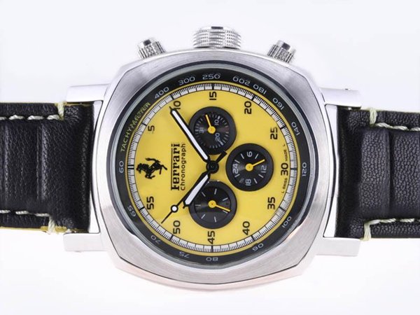 Panerai Ferrari Granturismo FER 00013 Round Yellow Dial Black Ostrich Leather Strap Watch watches