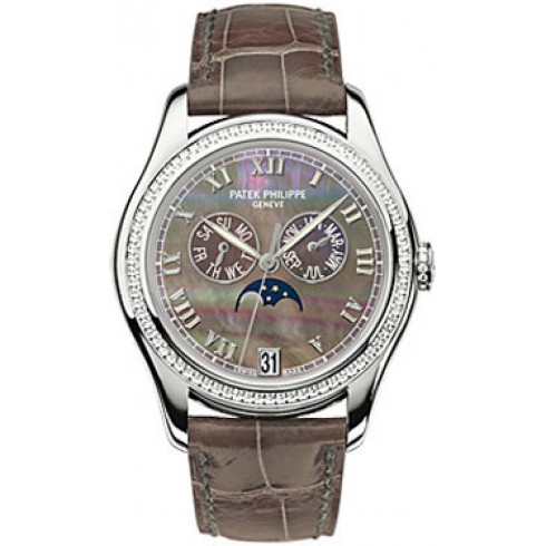 Replica Patek Philippe Black Mother of Pearl Dial 18kt White Gold Brown Leather Automatic Diamond Ladies Watch 4936G-001 Watch