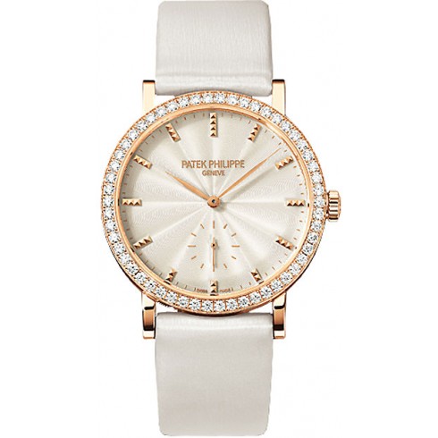 Patek Philippe Calatrava Cream Dial 18kt Rose Gold Diamond Bezel Satin Ladies Watch 7120R watches