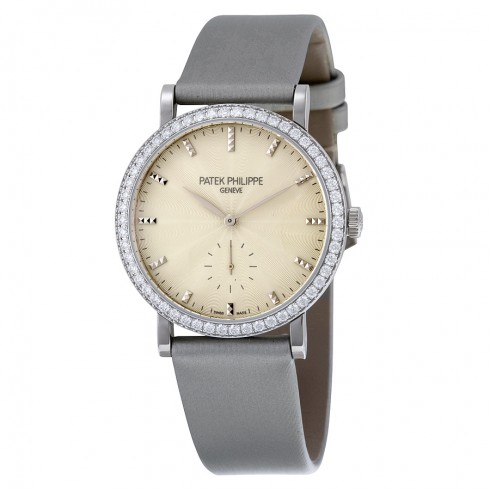 Patek Philippe Calatrava Cream Guilloche Dial 18K White Gold Diamond Ladies Watch 7120G-001 watches