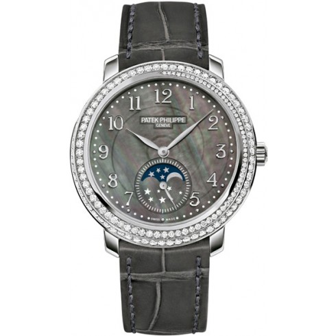 Patek Philippe Complications Black Mother of Pearl Dial Diamond Bezel 18kt White Gold Leather Ladies Watch 4968G-001 watches