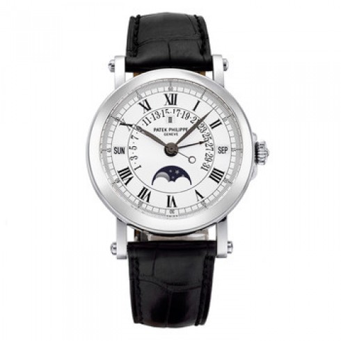 Patek Philippe Perpetual Calendar Silver Dial 18kt White Gold Black Leather Men's Watch 5059G watches