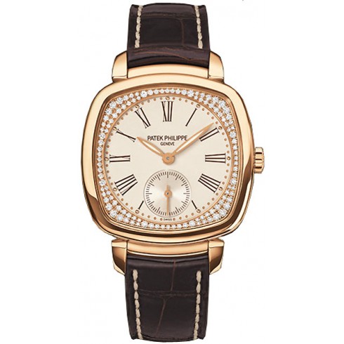 Patek Philippe Silver Dial 18kt Rose Gold Diamond Brown Leather Ladies Watch 7041R watches