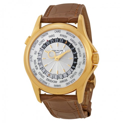 Replica Patek Philippe World Time Silver Dial 18kt Yellow Gold Brown Leather Men's Watch 5130J Watch
