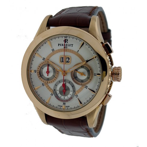 Perrelet Big Date Chronograph White Dial Brown Leather 18kt Rose Gold Men's Watch A3001/3 watches