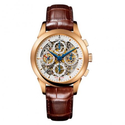 Perrelet Dual Time Chronograph Skeleton Dial Brown Leather Men's Watch A3007/7 watches