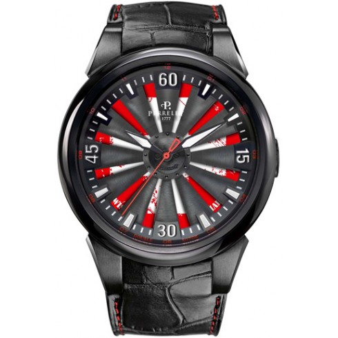 Perrelet Helvetia Turbine Automatic Black and Red Turbine Dial Black Alligator Leather Men's Watch A4037-1 watches