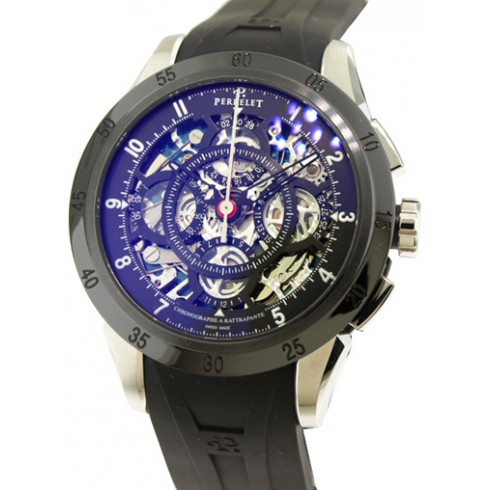 Perrelet Split Second Chronograph Skeleton Dial Black Rubber Strap Men's Watch A1043-2 watches
