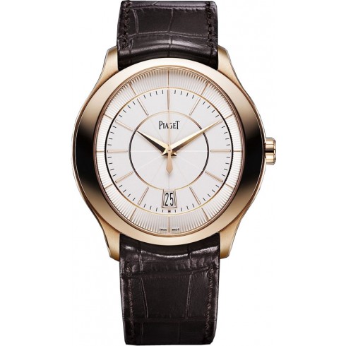 Piaget Gouverneur Silver Guilloche Dial 18kt Rose Gold Brown Alligator Leather Men's Watch GOA37110 watches