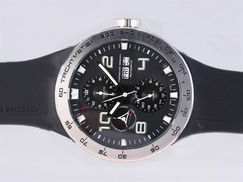 Porsche Design Flat 6 Chronograph 16011 43mm Black Rubber Strap Black Dial Watch watches