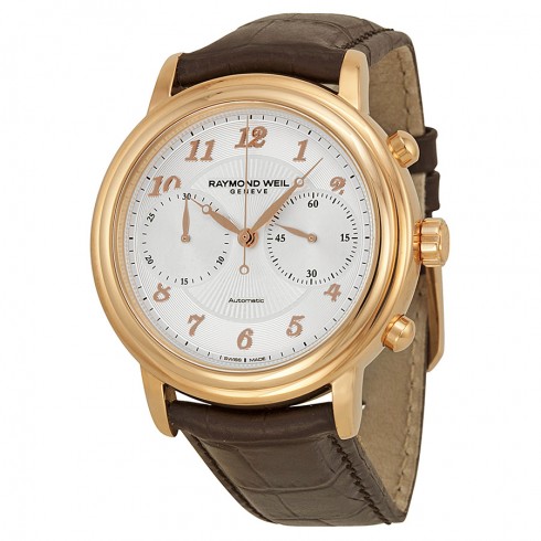 Raymond Weil Maestro Silver Dial Chronograph Brown Leather Men's Watch 4830-PC5-05658 watches