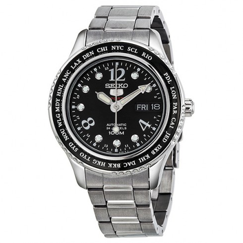 Seiko 5 Black Dial Stainless Steel World Cities Ladies Watch SRP367 watches