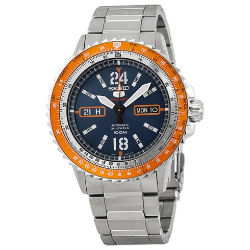 Seiko 5 Sport Automatic Blue Dial Orange Bezel Stainless Steel Men's Watch SRP351 watches