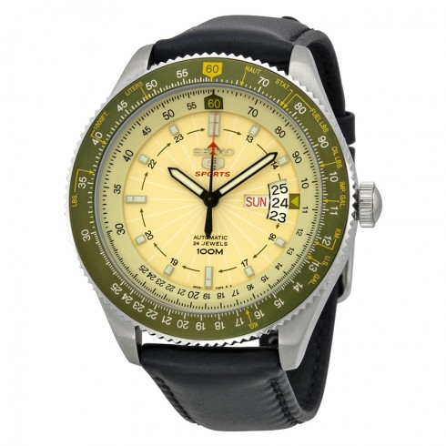 Seiko 5 Sports Automatic Beige Dial Black Lerather Men's Watch SRP615 watches