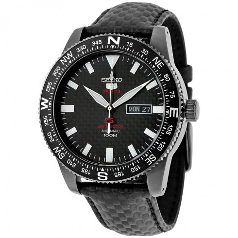 Seiko 5 Sports Automatic Black Carbon Fiber Dial Black Leather Men's Watch SRP719K1S watches