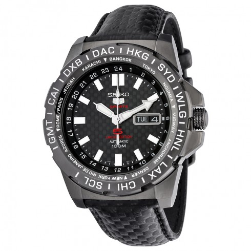 Seiko 5 Sports Automatic Black Carbon Fiber Dial Black Leather Men's Watch SRP723K1S watches