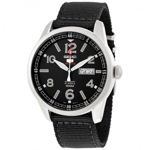 Seiko 5 Sports Automatic Black Dial Black Canvas Men's Watch SRP625 watches
