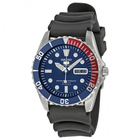 Seiko 5 Sports Automatic Blue Dial Red Bezel Black Strap Men's Watch SNZF15J2 watches