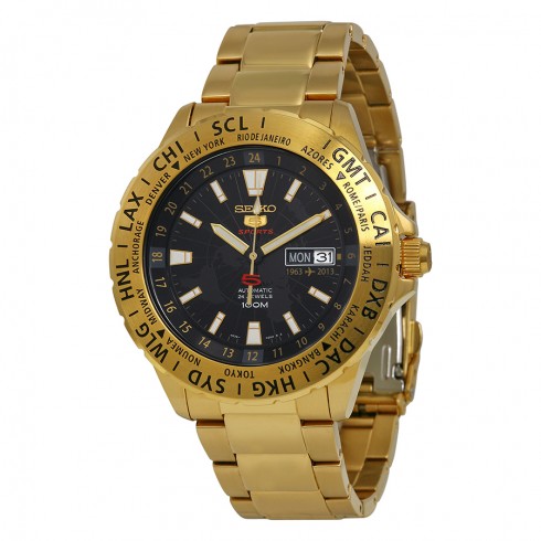 Seiko 5 Sports Black Dial Gold-Tone Stainless Steel Men's Watch SRP440 watches