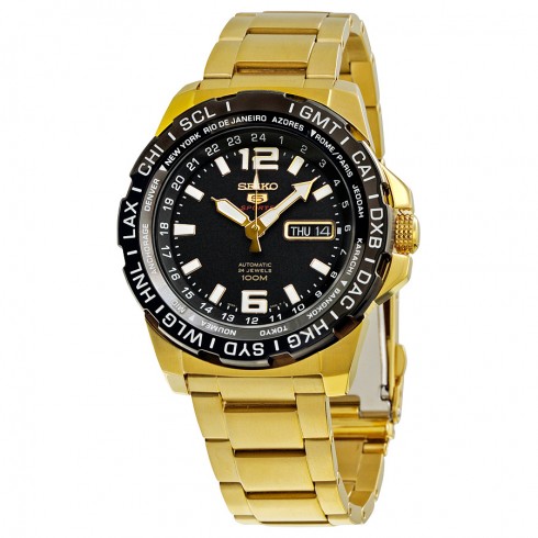 Seiko 5 Sports Black Dial Gold-tone Stainless Steel Men's Watch SRP690 watches