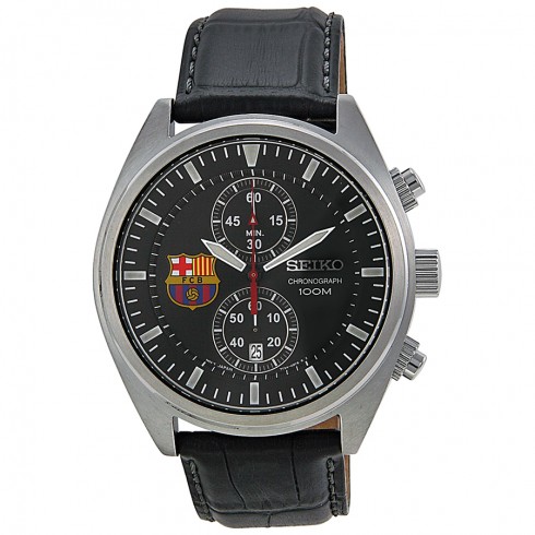 Seiko Barcelona Football Club Chronograph Black Dial Black Leather Men's Watch SNN269 watches