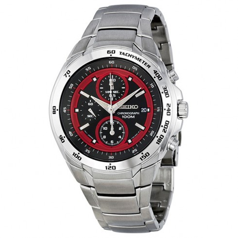 Seiko Black and Red Dial Chronograph Stainless Steel Men's Watch SND701 watches