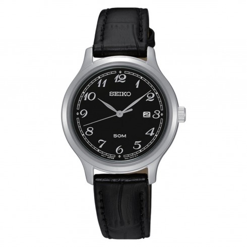 Seiko Black Dial Black Leather Ladies Watch SUR773 watches