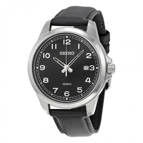 Seiko Black Dial Black Leather Quartz Men's Watch SUR159 watches