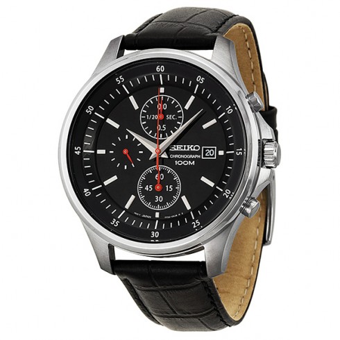 Seiko Black Dial Chronograph Stainless Steel Black Leather Men's Watch SNDE29 watches