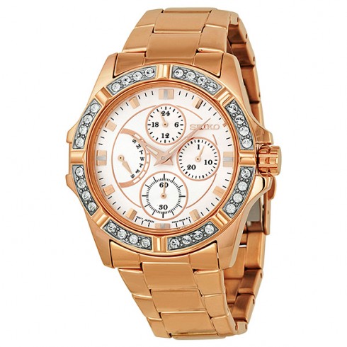 Replica Seiko Champagne Dial Rose Gold-tone Stainless Steel Crystal Trim Bezel Ladies Watch SRLZ94 Watch